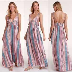 Lulu’s Maxin’ Relaxin’ Multi Print Maxi Dress Tie Straps Resort Vacation
